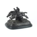 Large patinated bronze group of two jockey's on horseback, 40cm wide :For Further Condition