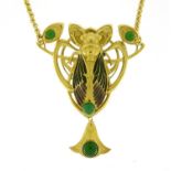 Egyptian Revival brass and enamel moth necklace set with cabochon green stones, 40cm in length :
