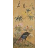 Chinese watercolour on silk, depicting birds of paradise and flowers, with red seal marks, framed,