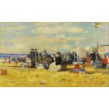 Manner of Eugène Boudin - Figures on a beach, French impressionist oil on board, framed, 68cm x 35cm