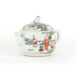Chinese porcelain teapot, hand painted in the famille rose palette with a mother and children