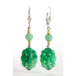 Pair of Chinese 14ct white gold jadeite drop earrings, 5cm in length, 5.5g :For Further Condition