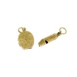 9ct gold whistle charm and a horse shoe shaped locket, the largest 3cm in length, 3.8g :For