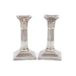 Pair of Victorian silver corinthian column candlesticks by Fordham & Faulkner, Sheffield 1898,