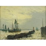 Edwin Flether - Harbour scene with tugs, oil on board, framed, 19cm x 14cm :For Further Condition