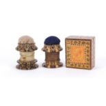 Victorian Tunbridge Ware stamp box and two thread waxer pin cushions, the largest 3.5cm high :For