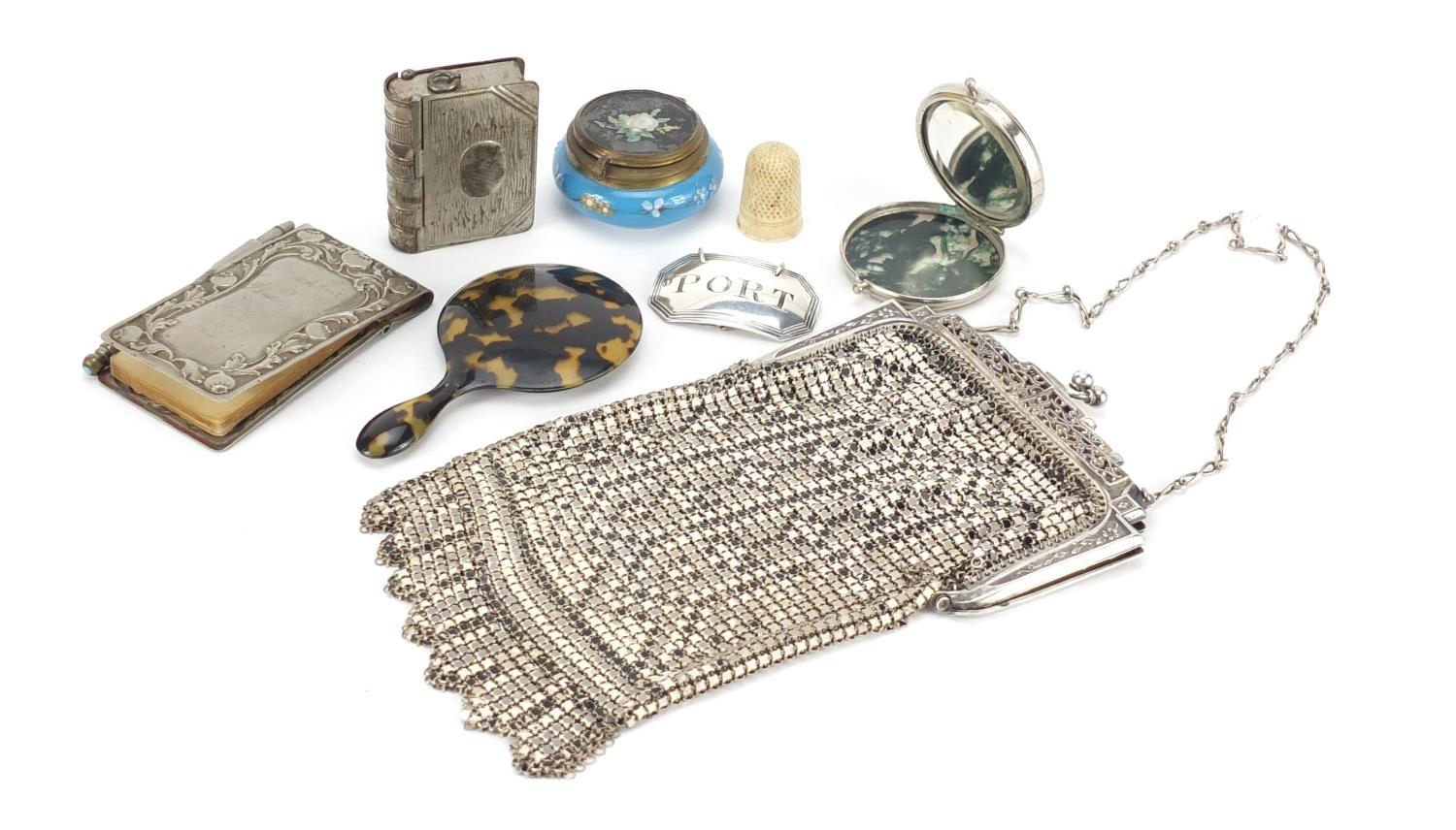 Objects including Georgian silver port decanter label, 1920's chain link purse with silver