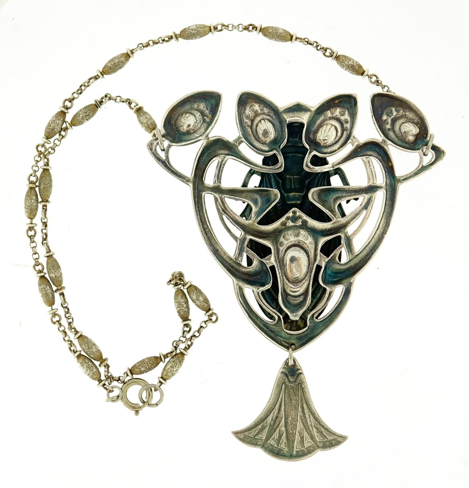 Egyptian Revival silver coloured moth pendant with lapis lazuli drop, 44cm in length :For Further - Image 3 of 3
