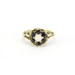 9ct gold opal and sapphire flower head ring, size P, 2.8g :For Further Condition Reports Please