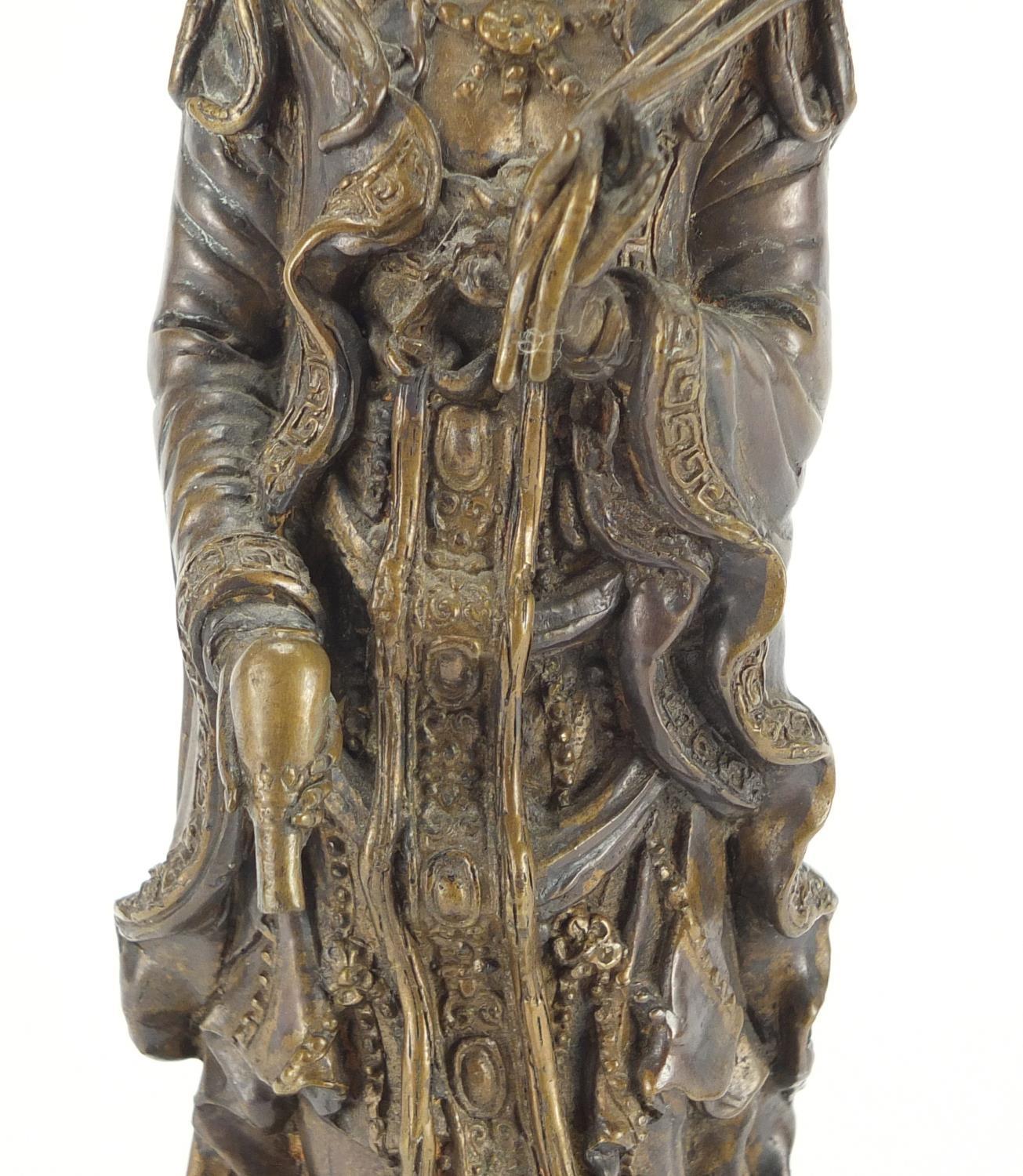 Chinese bronze figure of Guanyin standing on a toad and lotus leaf, 33cm high :For Further Condition - Image 4 of 6