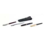 Four fountain pens including a Parker Duofold and two Schaeffer's, one with gold nib :For Further
