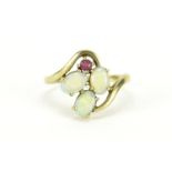9ct gold opal and ruby ring, size O, 2.5g :For Further Condition Reports Please Visit Our Website.