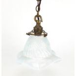 Art Nouveau hanging light pendant with Vaseline frilled glass shade, 17.5cm high excluding the chain