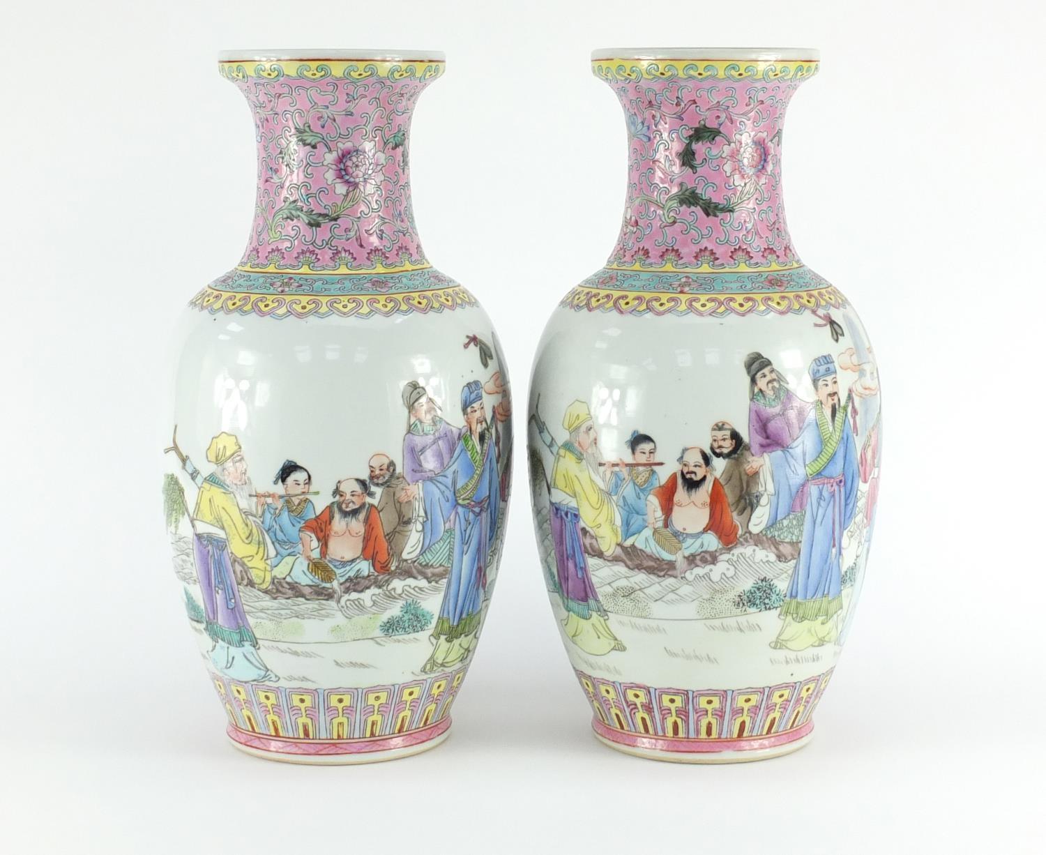 Pair of Chinese porcelain vases, each finely hand painted in the famille rose palette with figures - Image 2 of 6