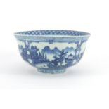 Chinese blue and white porcelain bowl, hand painted with panels of mountain river landscapes, six