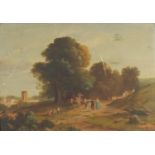 The village festival, 19th century oil on board, label inscribed Edmond Gill and other label