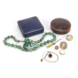 Antique and later jewellery including a Victorian unmarked gold pearl ring, green jade bead