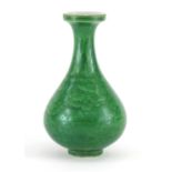 Chinese porcelain green glazed disc top vase, incised under glaze with a dragon and phoenix