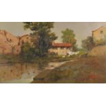 Antonio Gravina - Villas by the water with female doing washing, oil on canvas, inscribed verso,