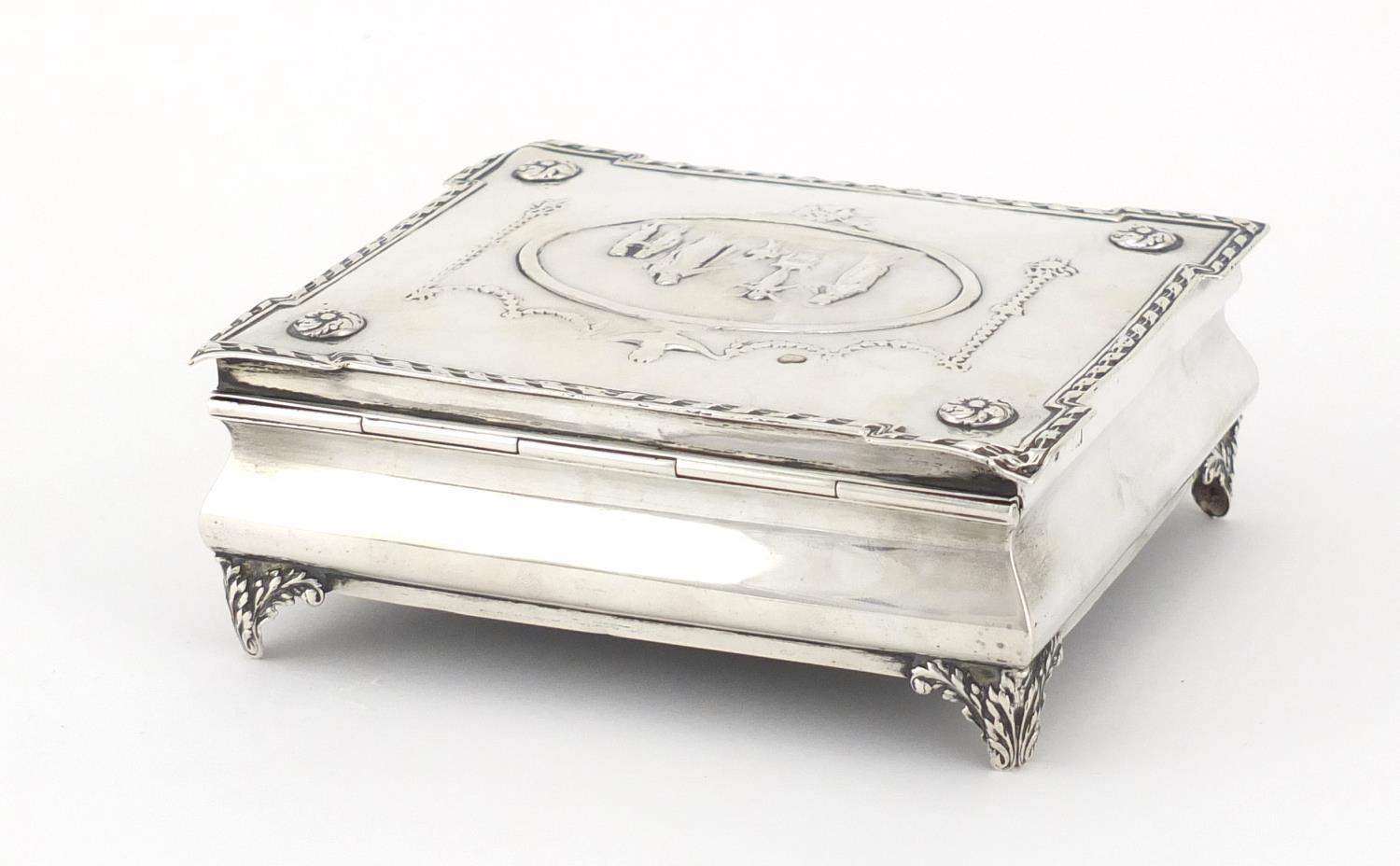 Rectangular silver jewel box by William Comyns, the hinged lid embossed with maidens, putti, swags - Image 6 of 8