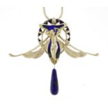Art Nouveau style silver coloured metal and enamel winged figure pendant with lapis lazuli drop,