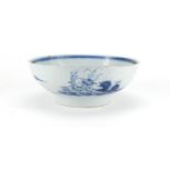 18th century English Delft bowl, hand painted in the Chinese manner with landscapes, 22.5cm in