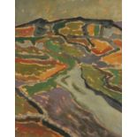 Abstract composition, landscape, modernist oil on board, bearing an indistinct monogram possibly