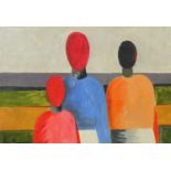 Abstract composition, family of three, mixed media, bearing a signature K Massvich, mounted and