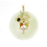 Chinese 14ct gold jade and multi gem pendant, 5cm in diameter, 19.0g :For Further Condition