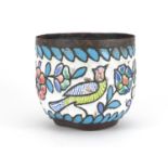 Turkish copper pot enamelled with birds and flowers, 13cm high :For Further Condition Reports Please