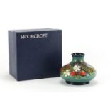 Moorcroft pottery squatted vase with box, hand painted with stylised strawberries, grapes and