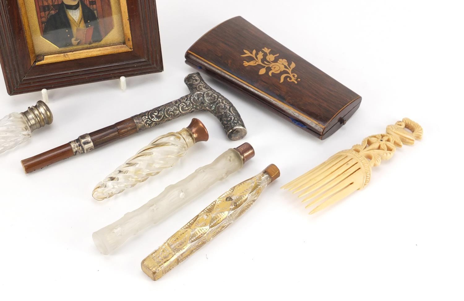 Objects including an embossed silver parasol handle, antique glass scent bottles, portrait miniature - Image 3 of 6