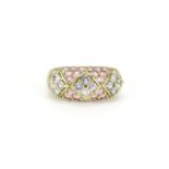 9ct gold pink and purple stone flower head ring, size N, 3.2g :For Further Condition Reports