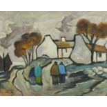 After Markey Robinson - Figures by cottages, Irish school oil on board, framed, 50cm x 40cm :For