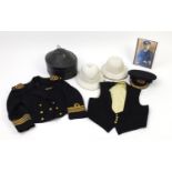 British Military World War II Royal Naval uniform including two pith helmets, Gieves peaked cap,