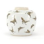 Chinese porcelain en grisaille ginger jar, finely hand painted with swooping butterflies, the base