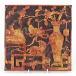 Chinese gilt lacquered wood panel carved with Dog-of-Foo and a vase of flowers, 27.5cm x 27.5cm :For