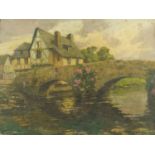 Coulon - Houses by a bridge over water, oil on board, framed, 48.5cm x 36cm :For Further Condition