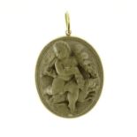 Victorian lava cameo brooch depcting putti and a dog, with unmarked gold mount, 4.5cm in length,