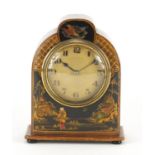 Lacquered French mantel clock decorated in the chinoiserie manner, 18.5cm high :For Further