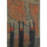 Abstract composition, three figures, modernist oil on canvas, bearing an indistinct monogram