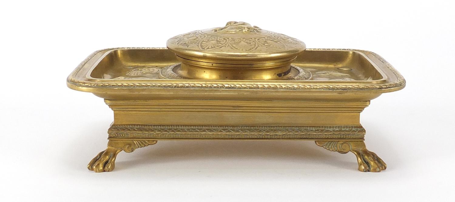 19th century French Ormolu desk inkwell with blue glass liner by Ferdinard by Barbedienne - Image 6 of 11