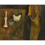 Manner of William Scott - Female beside a candle and two chicks, oil on board, inscribed verso,