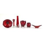 Vintage ruby red glassware including Whitefriars Molar vase, Swedish art glass vase, the largest