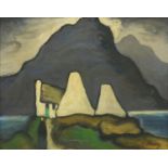 After Markey Robinson - Figure before a cottage and mountains, Irish school oil on board, framed,