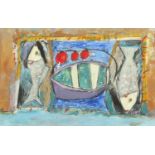 Newlyn Fishes, mixed media on card, framed, 52cm x 32cm :For Further Condition Reports Please