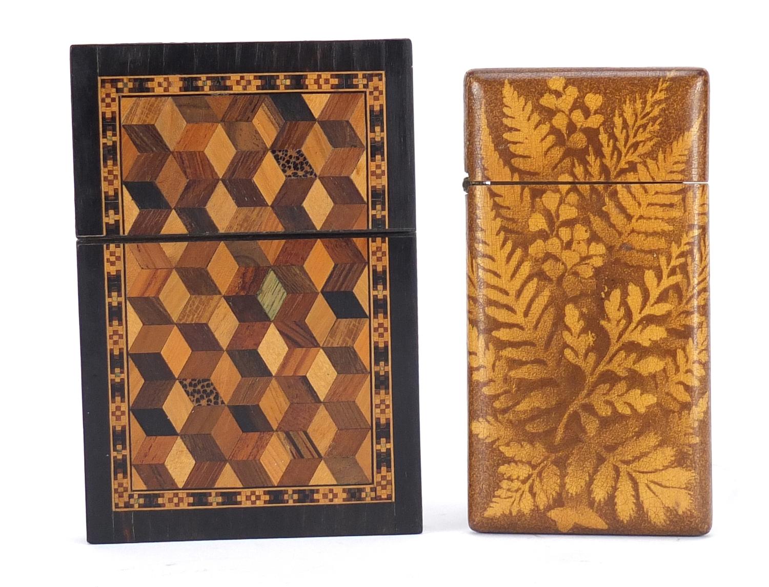 Two Victorian calling card cases including a Tunbridge Ware example with micro mosaic inlay, the - Image 2 of 4