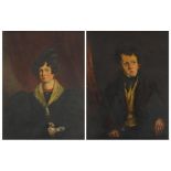 Male and female in formal dress, top half portraits, pair of early 19th century oil on boards,
