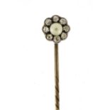 Victorian unmarked gold diamond and seed pearl tie pin, housed in a J M Campbell Chelsea velvet