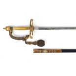 Victorian Military dress sword with scabbard, etched steel blade and case, 97cm in length :For